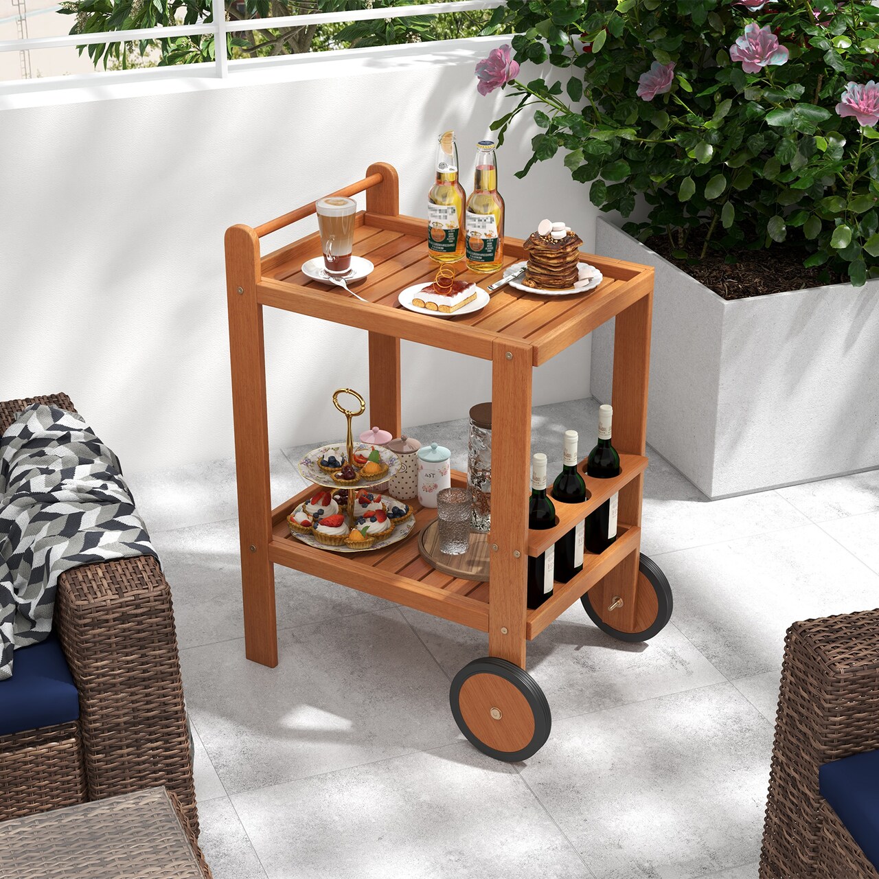 Rolling 2-Tier Serving Cart with Wine Bottle Holders and Durable Rubber Wheels - 27" x 20" x 35.5" (L x W x H)